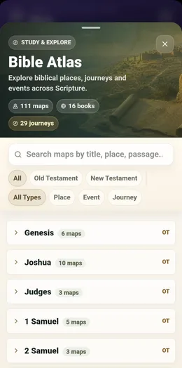 The Bible Atlas index, showing 111 maps across 16 books and 29 journeys, with the Old Testament book list open.
