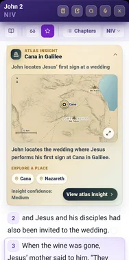 An Atlas Insight card inside the Bible reader, showing a relief map locating Cana in Galilee for John chapter 2.