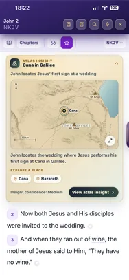 An Atlas Insight card inside the Bible reader, showing a relief map locating Cana in Galilee for John chapter 2.