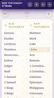 The Old and New Testament book list, with John highlighted as the current book.