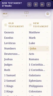 The Old and New Testament book list, with John highlighted as the current book.