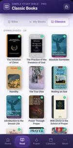 The Classic Books library in Simple Study Bible Pro, showing downloaded classic Christian literature including The Imitation of Christ and Absolute Surrender.
