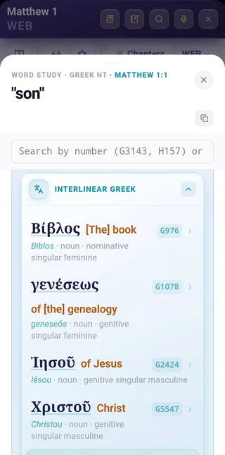 An interlinear Greek view of Matthew 1:1, showing each Greek word with its transliteration, grammar, and English gloss.