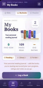The My Books reading journal in Simple Study Bible Pro, showing a personal library with reading statistics.
