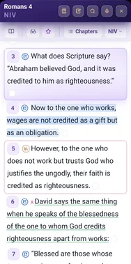 Romans chapter 4 with several verses highlighted and annotated in different colours, in the New International Version.