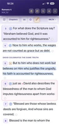 Romans chapter 4 with several verses highlighted and annotated in different colours.