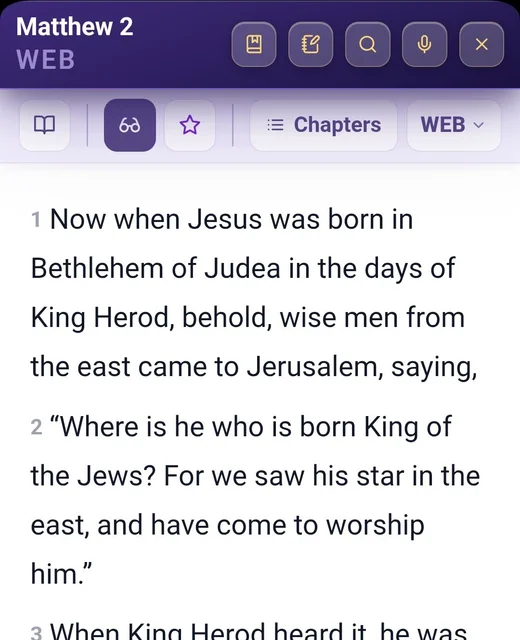 Matthew chapter 2 in Read Mode, showing clean verse-by-verse text in the World English Bible with no inline study markers or highlights.