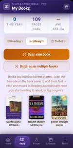 The My Books library in Simple Study Bible Pro, showing reading statistics, barcode-scan options, and books ready to start.