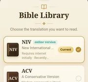 The Bible Library translation picker, showing the NIV translation marked as an online version, alongside ACV and ASV.