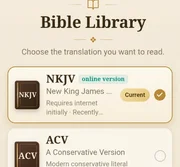 The Bible Library translation picker, showing several available translations including ACV and ASV.